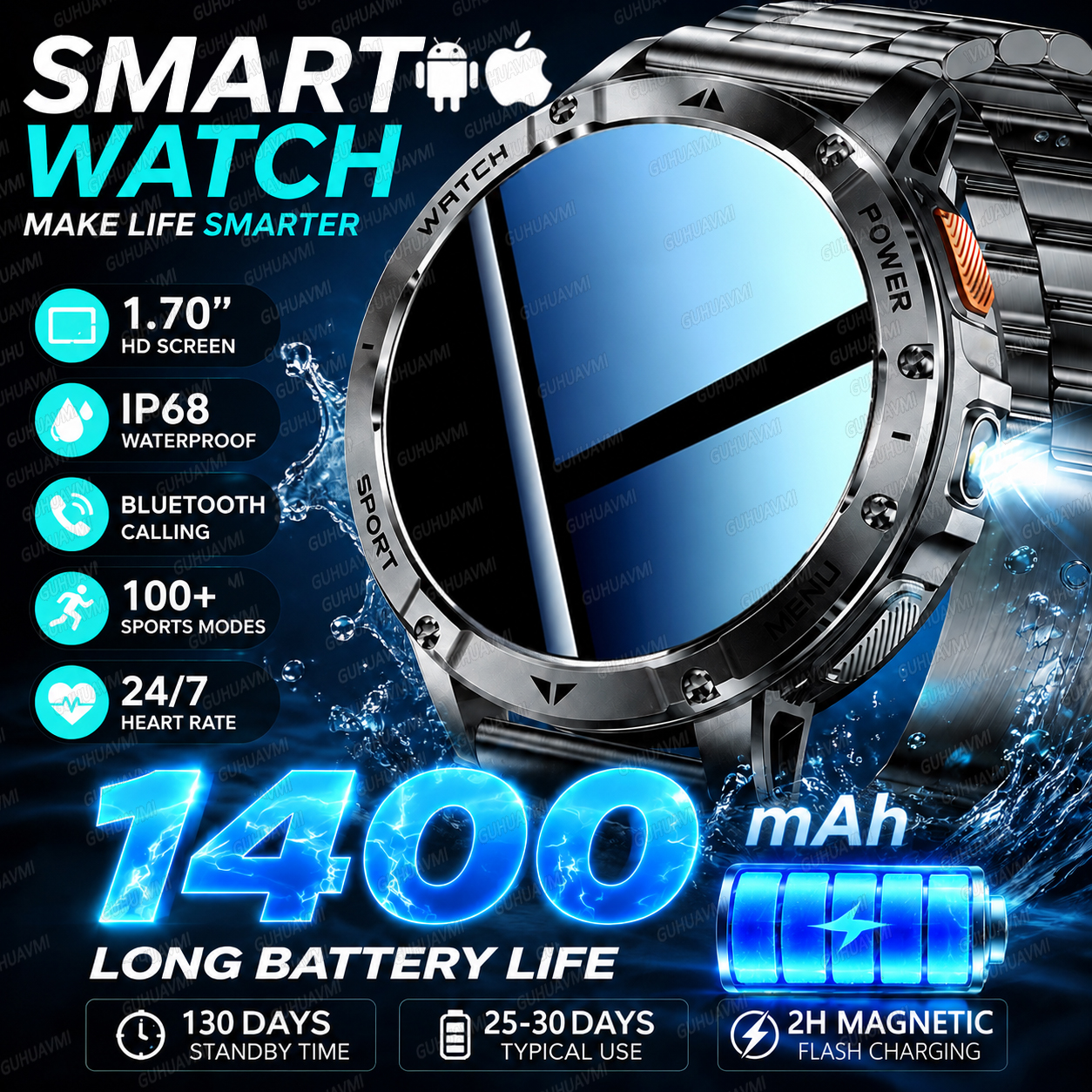 2026 New Military 1400mAh Big  – обзор и цена Smartwatch Health Watches For Men